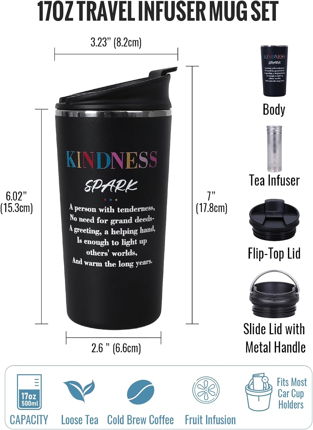 GiNT 17oz Travel Tea Mug with Infuser, 2 Lids. Vacuum Insulated 316 Stainless Steel Coffee Mug. Dishwasher Safe Tea Cup with Strainer for Hot & Cold Brew Coffee. Gifts for Mom, Dad & Friend