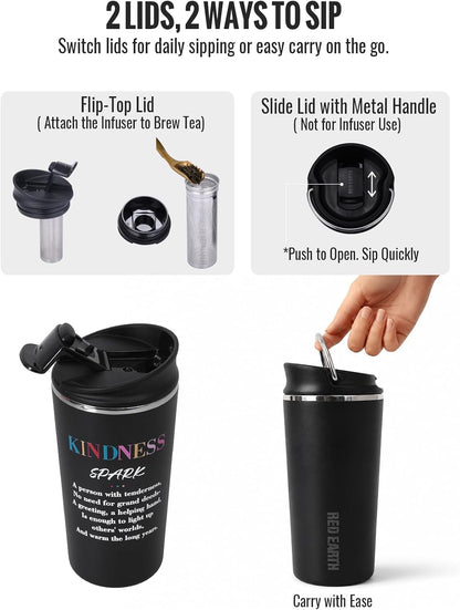 GiNT 17oz Travel Tea Mug with Infuser, 2 Lids. Vacuum Insulated 316 Stainless Steel Coffee Mug. Dishwasher Safe Tea Cup with Strainer for Hot & Cold Brew Coffee. Gifts for Mom, Dad & Friend