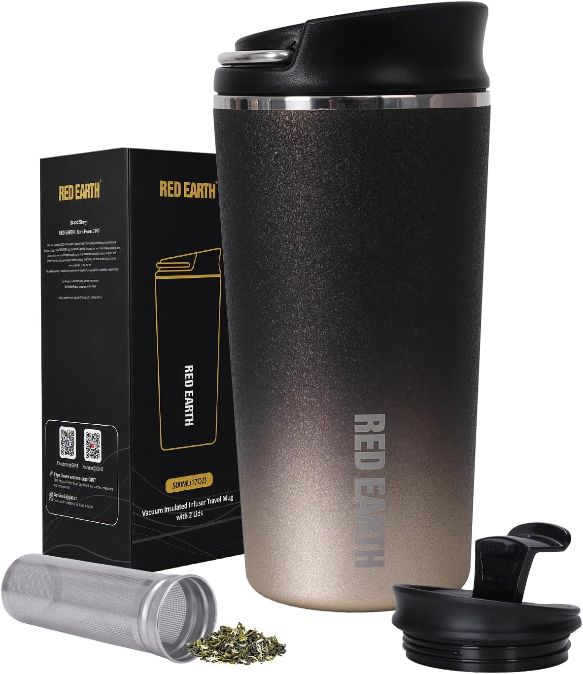 GiNT 17oz Travel Tea Mug with Infuser, 2 Lids. Vacuum Insulated 316 Stainless Steel Coffee Mug. Dishwasher Safe Tea Cup with Strainer for Hot & Cold Brew Coffee. Gifts for Mom, Dad & Friend