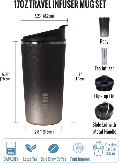 GiNT 17oz Travel Tea Mug with Infuser, 2 Lids. Vacuum Insulated 316 Stainless Steel Coffee Mug. Dishwasher Safe Tea Cup with Strainer for Hot & Cold Brew Coffee. Gifts for Mom, Dad & Friend