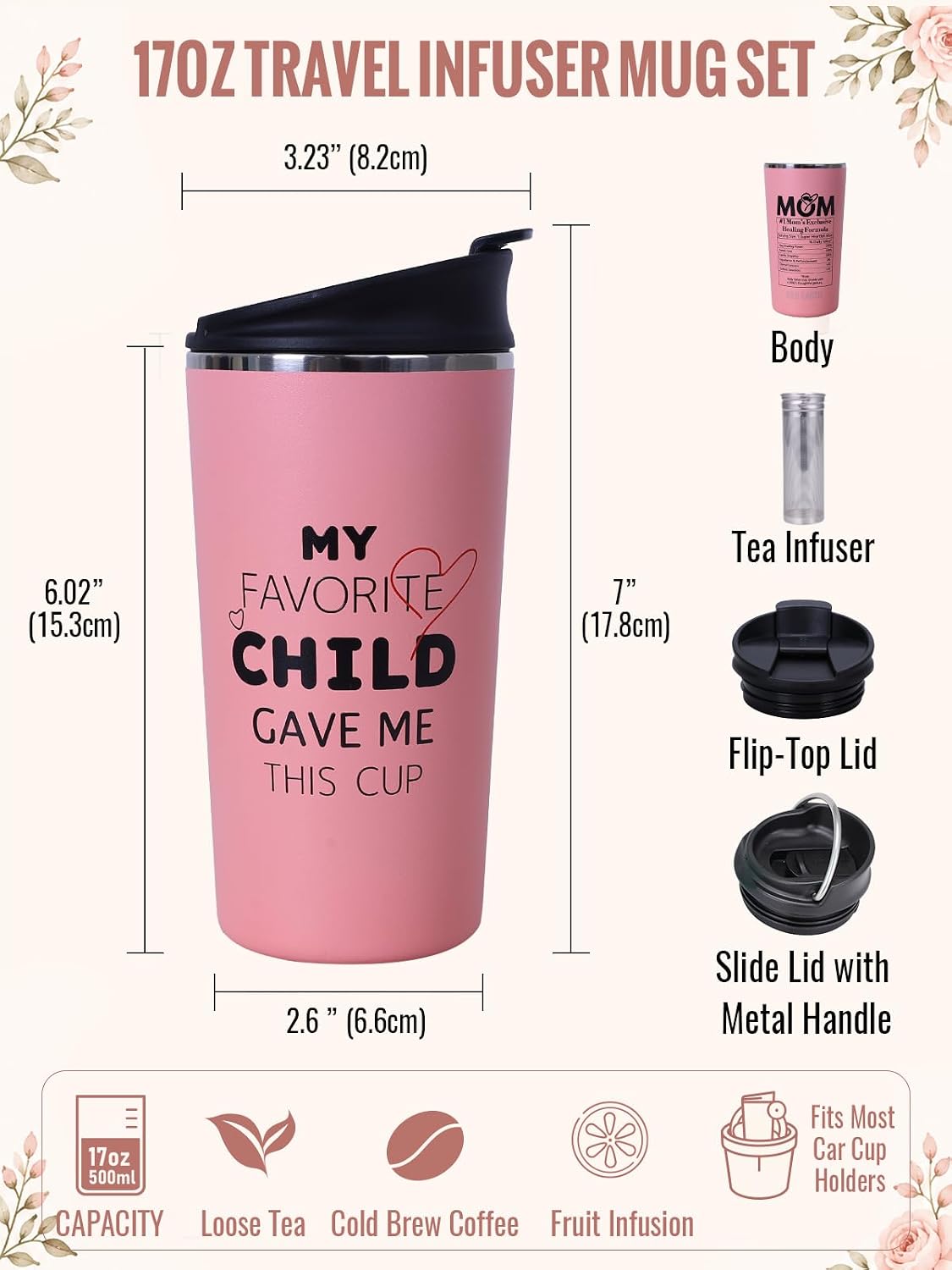GiNT 17oz Travel Tea Mug with Infuser, 2 Lids. Vacuum Insulated 316 Stainless Steel Coffee Mug. Dishwasher Safe Tea Cup with Strainer for Hot & Cold Brew Coffee. Gifts for Mom, Dad & Friend