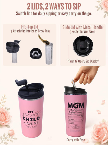 GiNT 17oz Travel Tea Mug with Infuser, 2 Lids. Vacuum Insulated 316 Stainless Steel Coffee Mug. Dishwasher Safe Tea Cup with Strainer for Hot & Cold Brew Coffee. Gifts for Mom, Dad & Friend