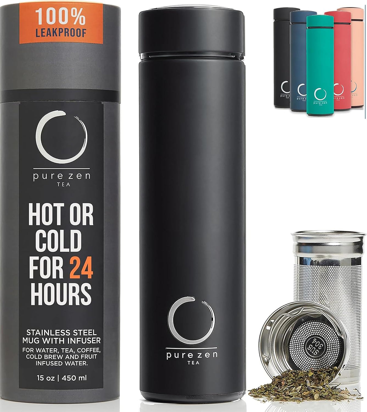Insulated Tea Infuser Bottle, 15 oz, Tea Thermos with Infuser
