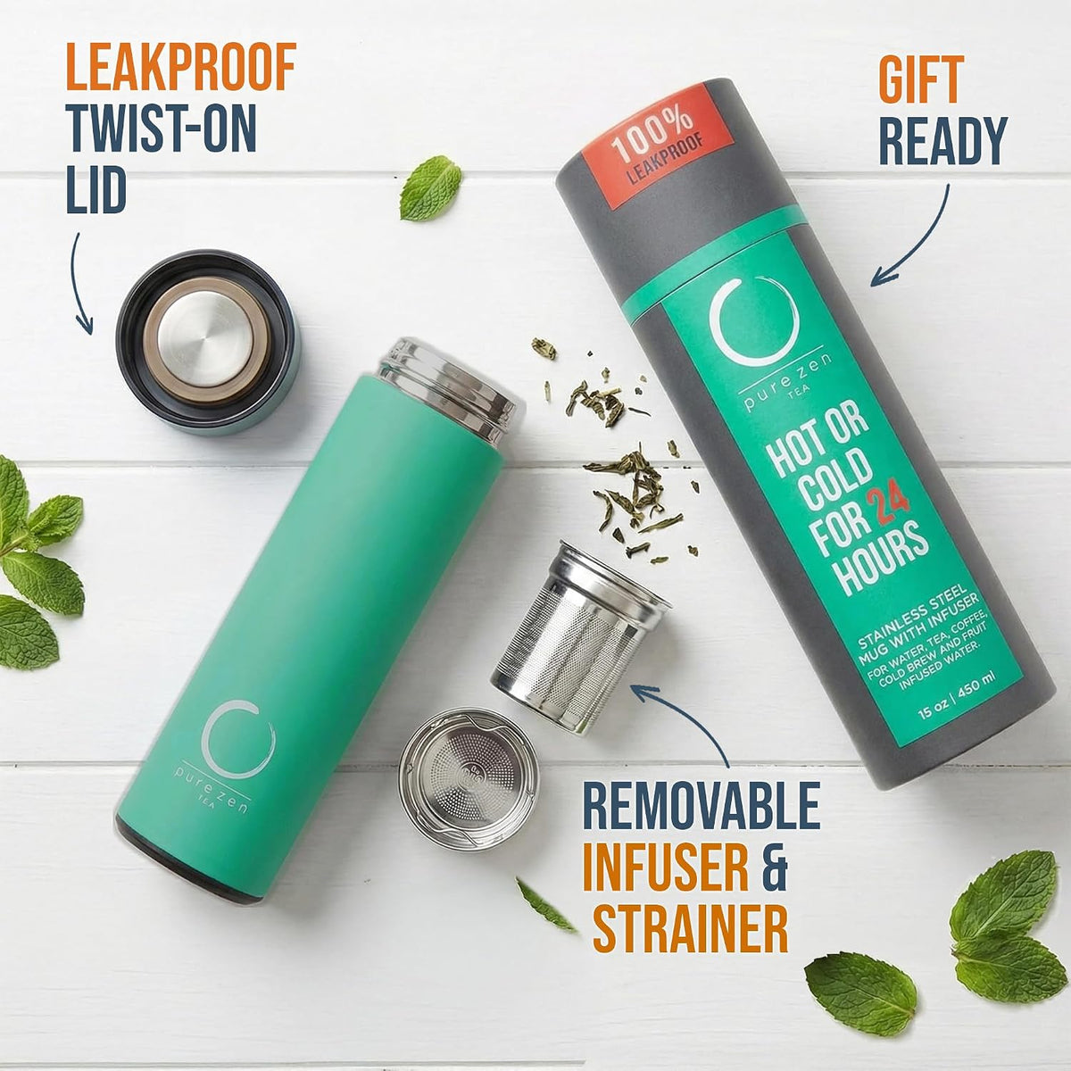 Insulated Tea Infuser Bottle, 15 oz, Tea Thermos with Infuser