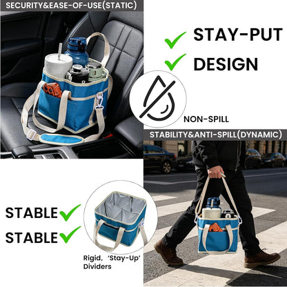 Drink Carrier Bag, 4 Compartment Drink Bag, Insulated 4 Cup Holder Bag with Handle &Strap, Family Multi Tumbler, Water Bottle Carrier Caddy, Reusable Beverage Carrier Tote for Travel,Picni