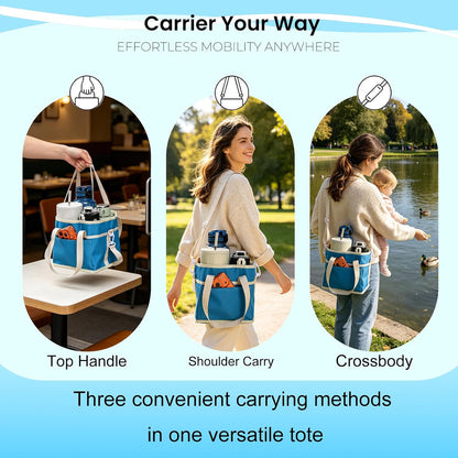 Drink Carrier Bag, 4 Compartment Drink Bag, Insulated 4 Cup Holder Bag with Handle &Strap, Family Multi Tumbler, Water Bottle Carrier Caddy, Reusable Beverage Carrier Tote for Travel,Picni