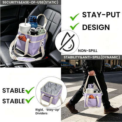 Drink Carrier Bag, 4 Compartment Drink Bag, Insulated 4 Cup Holder Bag with Handle &Strap, Family Multi Tumbler, Water Bottle Carrier Caddy, Reusable Beverage Carrier Tote for Travel,Picni