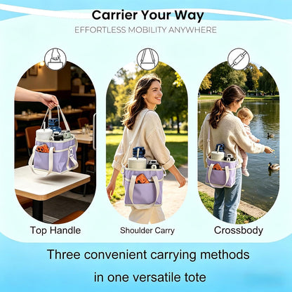 Drink Carrier Bag, 4 Compartment Drink Bag, Insulated 4 Cup Holder Bag with Handle &Strap, Family Multi Tumbler, Water Bottle Carrier Caddy, Reusable Beverage Carrier Tote for Travel,Picni