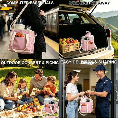 Drink Carrier Bag, 4 Compartment Drink Bag, Insulated 4 Cup Holder Bag with Handle &Strap, Family Multi Tumbler, Water Bottle Carrier Caddy, Reusable Beverage Carrier Tote for Travel,Picni
