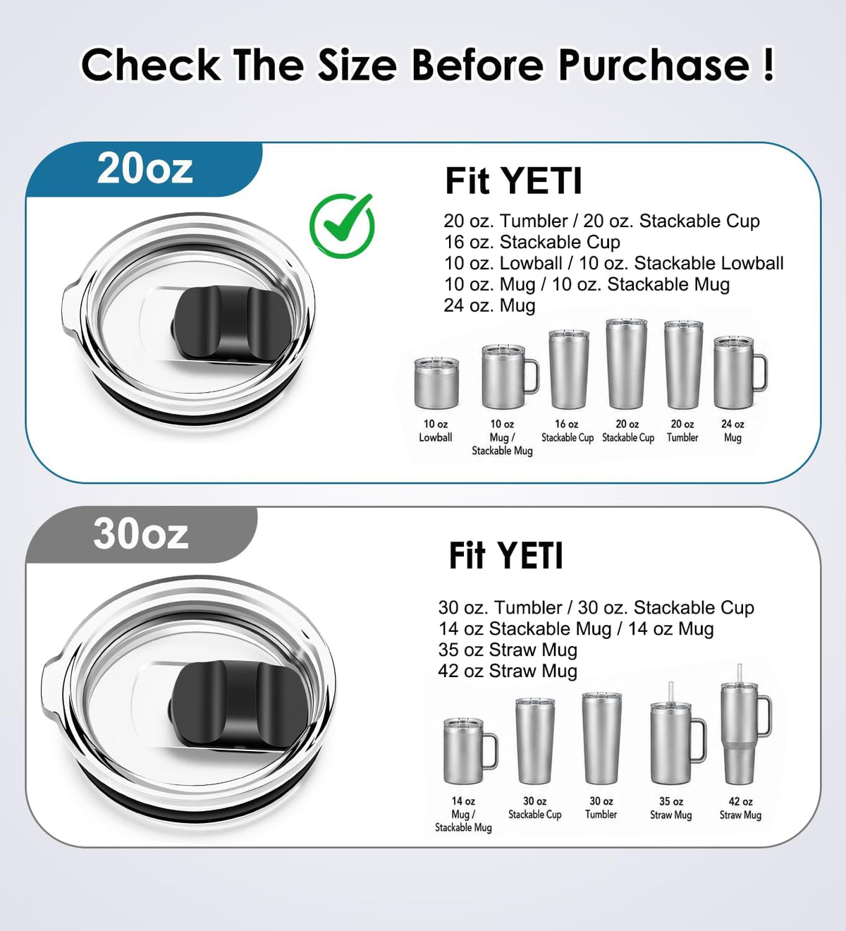 20 oz Tumbler Lid Replacement for YETI 20 oz Tumbler, 20oz/16 oz Stackable Cup, 10 oz Lowball, 10 oz/24 oz Mug, 2 Pack Coffee Tumbler Cup Lids with Magnetic Slider Spill-proof