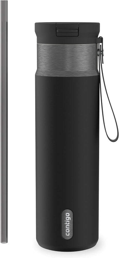 SnapSeal 16 oz Stainless Steel Vacuum-Insulated Water Bottle with Leakproof AutoClose Lid (Straw-Compatible) & Carry Strap, BPA-Free & Lead-Free, Dishwasher Safe