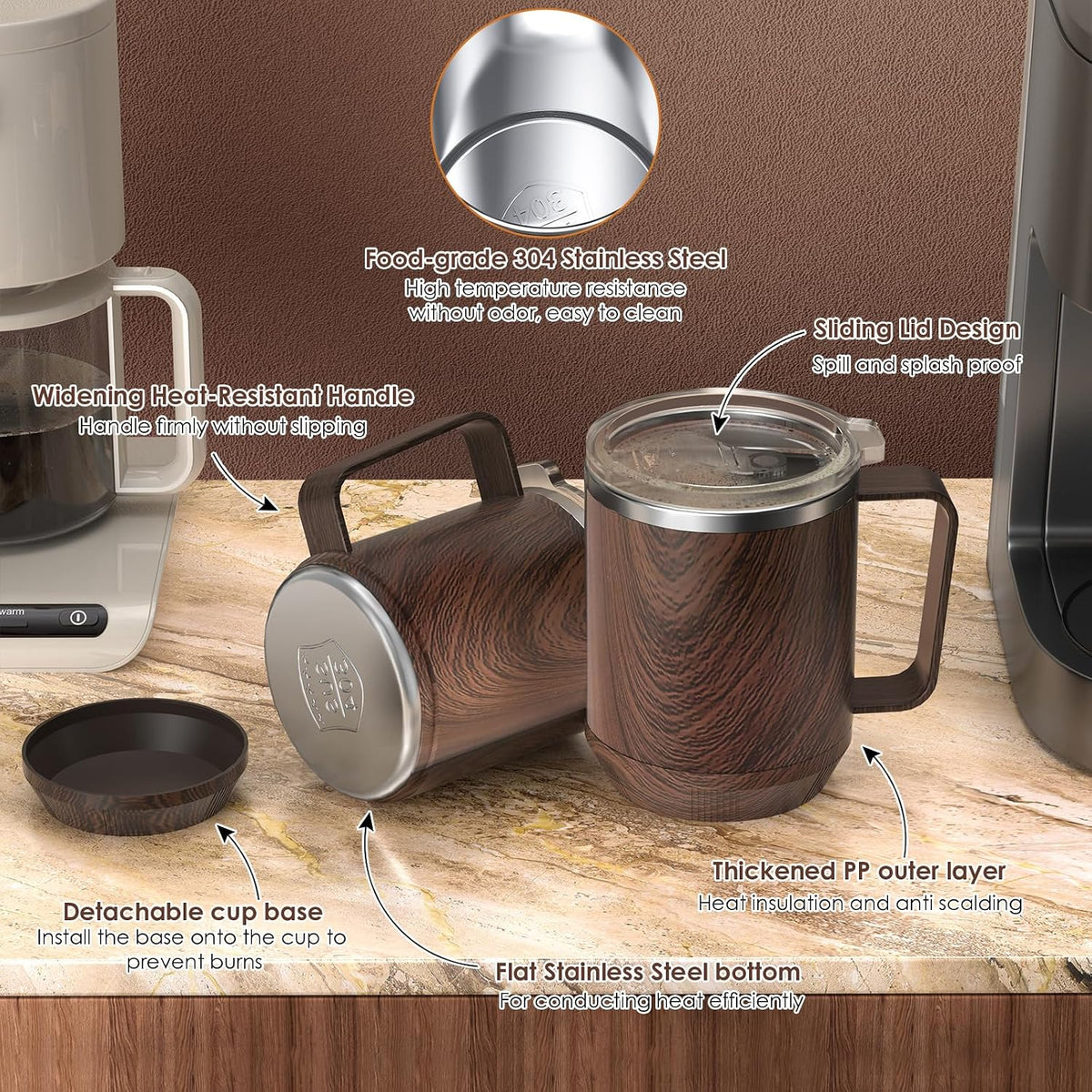 Felibeaco 16oz Heated Coffee Mug with Flat Bottom for Rapid Heating, Stainless Steel Heated Coffee Cup Suitable for Different Coffee Mug Warmer/Heaters, Heated Mug/Cup for Home and Office Desk,White