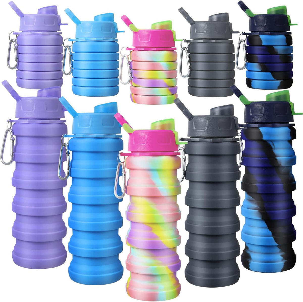 5 Pcs Collapsible Water Bottles for Travel 16 oz Silicone, Colorful