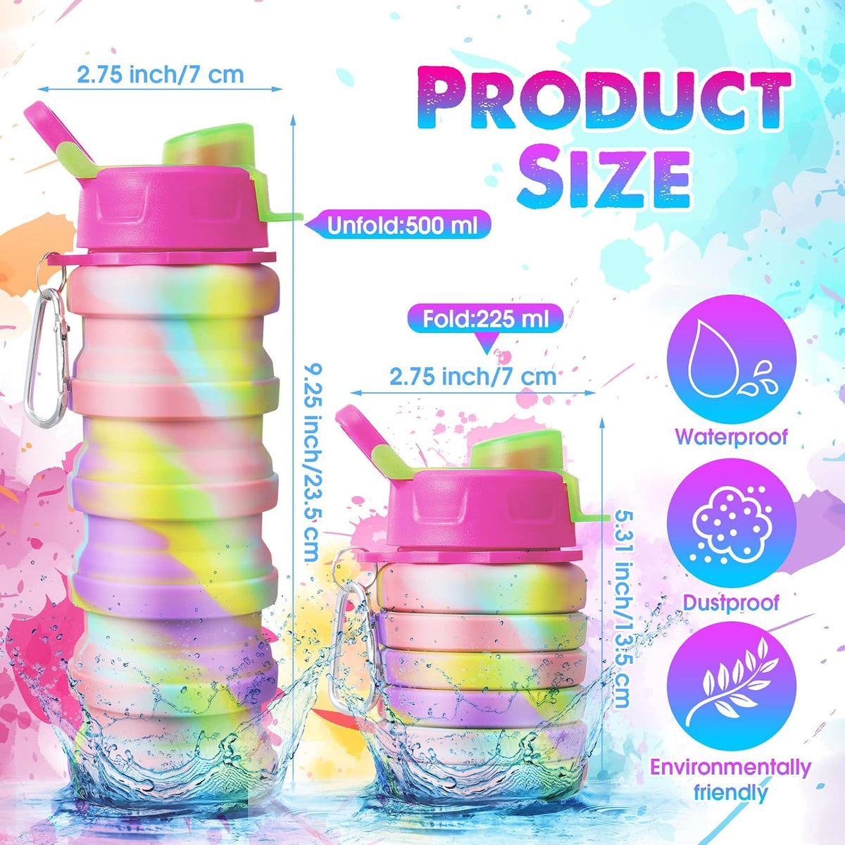 5 Pcs Collapsible Water Bottles for Travel 16 oz Silicone, Colorful
