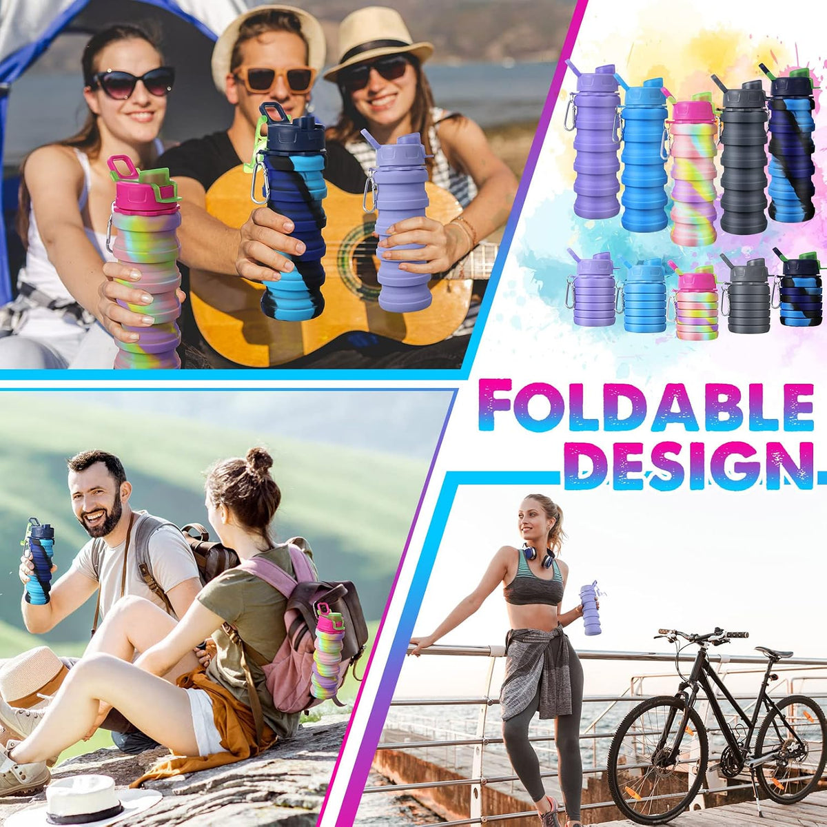 5 Pcs Collapsible Water Bottles for Travel 16 oz Silicone, Colorful