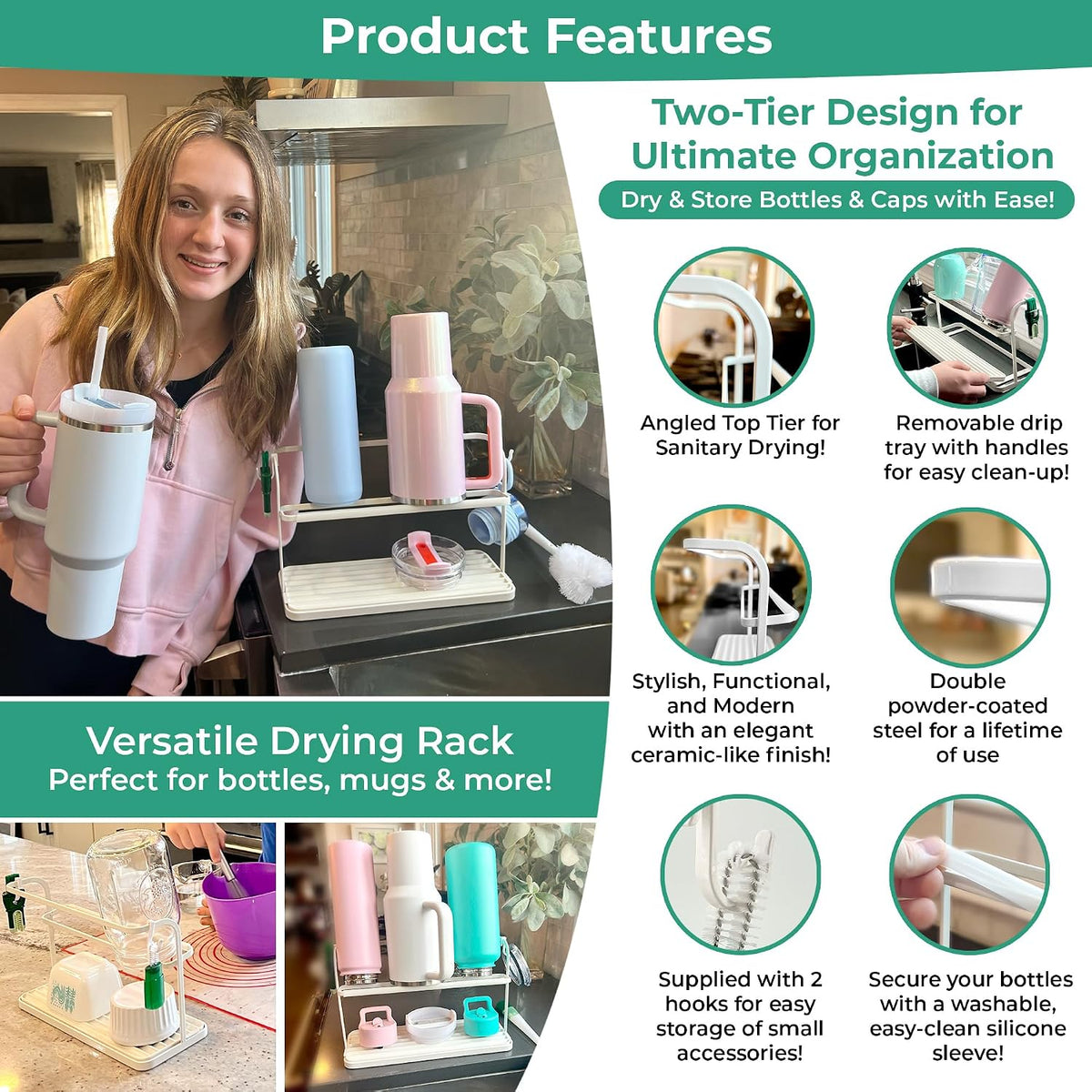 Cup Drying Rack for Counter, Water Bottle Drying Rack for Kitchen Counter, 2-Tier Tumbler, Mug and Glass Drying Rack with Drain Tray and 5-in-1 Cleaning Brush