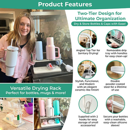Cup Drying Rack for Counter, Water Bottle Drying Rack for Kitchen Counter, 2-Tier Tumbler, Mug and Glass Drying Rack with Drain Tray and 5-in-1 Cleaning Brush