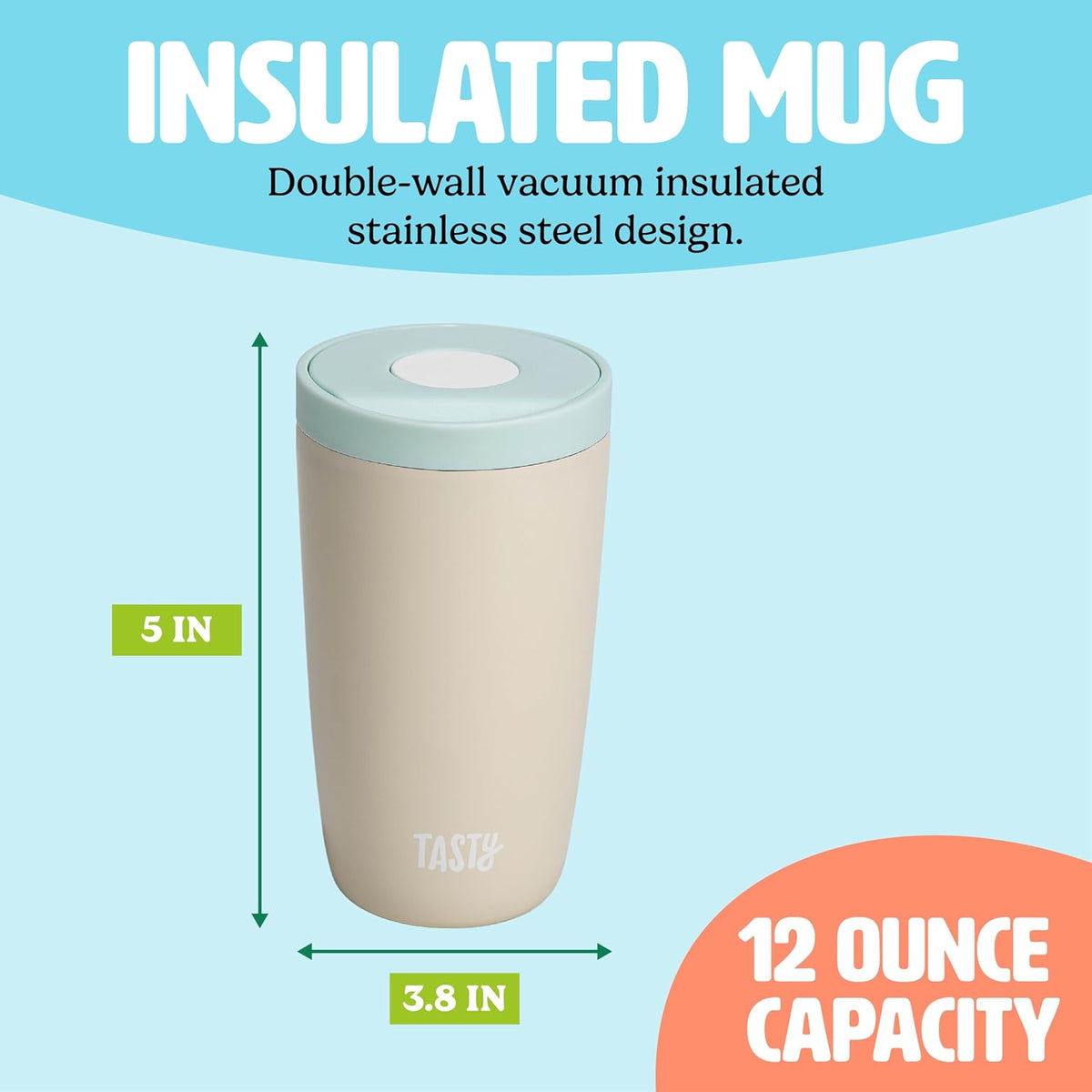 12oz Insulated Stainless Steel Push Mug, Leak-Proof Lid with One-Hand Open/Close Button, Travel Coffee Cup, Double Wall Vacuum Flask, Aqua Blue