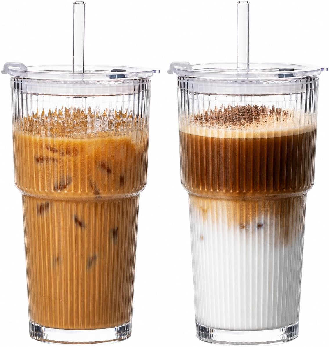 20oz Iced Coffee Cups with Lids, Glass Coffee Cups with Lids and Straws, 4P