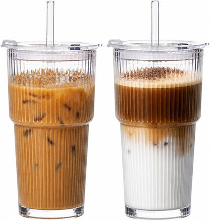 20oz Iced Coffee Cups with Lids, Glass Coffee Cups with Lids and Straws, 4P