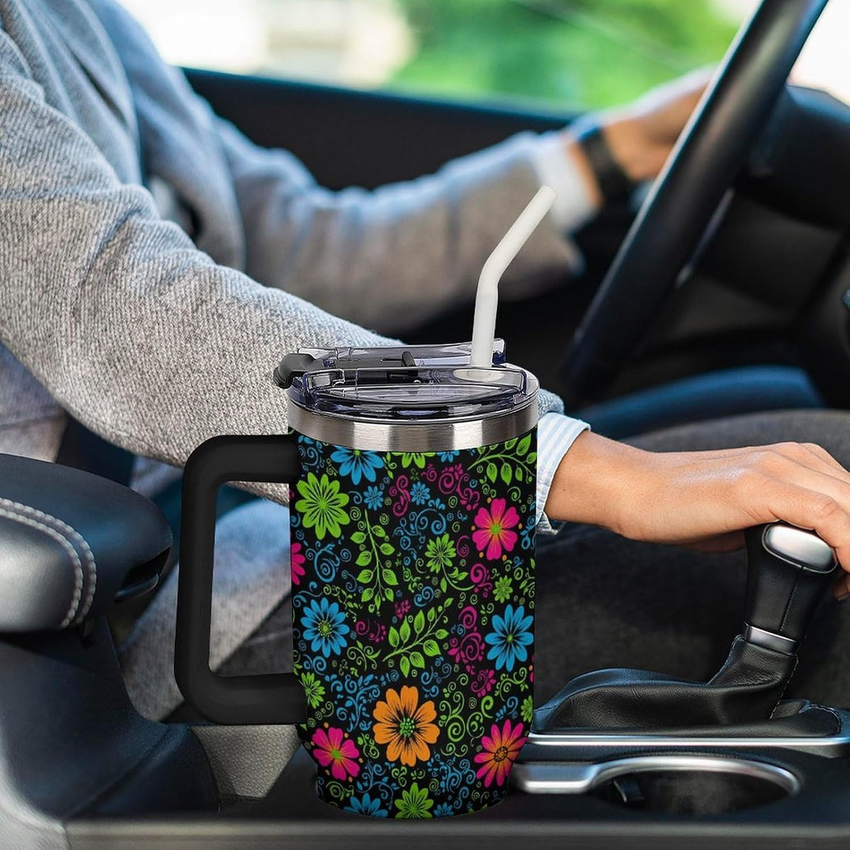 Leakproof Tumbler Vacuum Sealed Car Holder Friendly For Travel Teal And Peach Tropical Palm Leaf Pattern Water Tumbler white-style-23 - Colors A