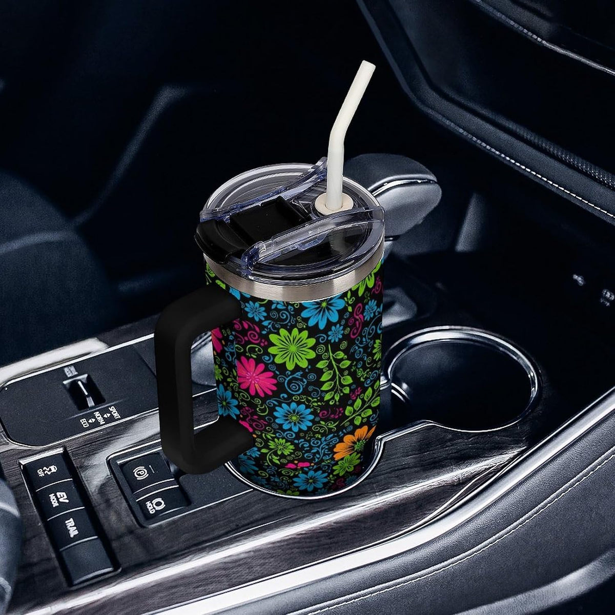 Leakproof Tumbler Vacuum Sealed Car Holder Friendly For Travel Teal And Peach Tropical Palm Leaf Pattern Water Tumbler white-style-23 - Colors A