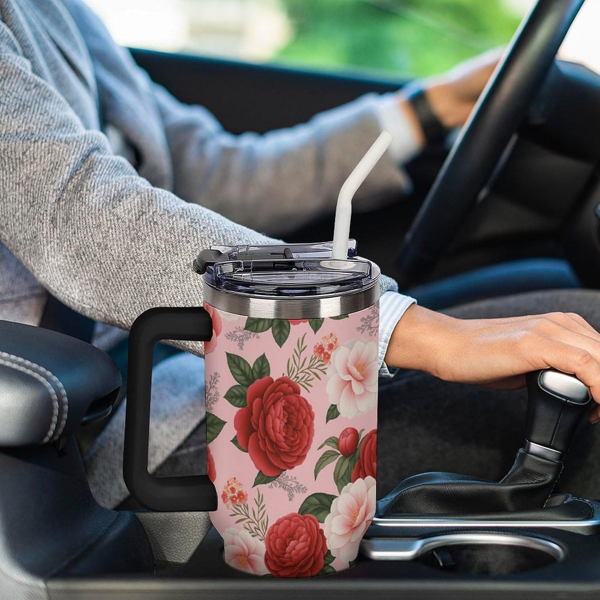 Leakproof Tumbler Vacuum Sealed Car Holder Friendly For Travel Teal And Peach Tropical Palm Leaf Pattern Water Tumbler white-style-23 - Colors A