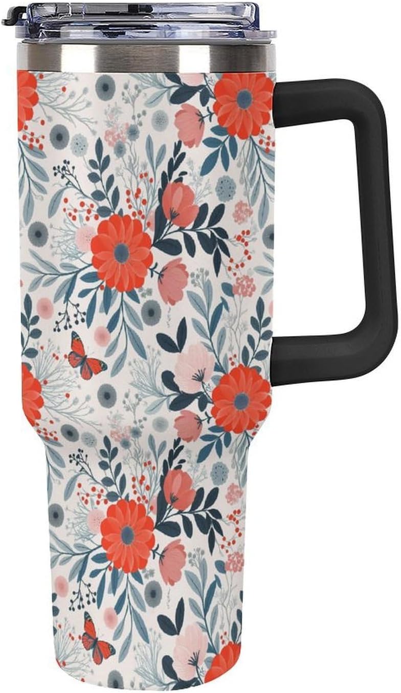 Leakproof Tumbler Vacuum Sealed Car Holder Friendly For Travel Teal And Peach Tropical Palm Leaf Pattern Water Tumbler white-style-23 - Colors A