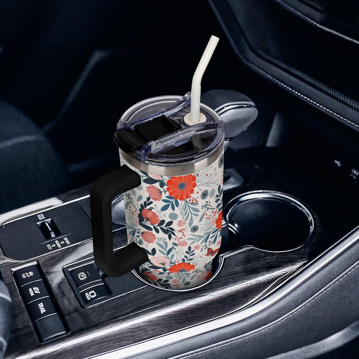 Leakproof Tumbler Vacuum Sealed Car Holder Friendly For Travel Teal And Peach Tropical Palm Leaf Pattern Water Tumbler white-style-23 - Colors A