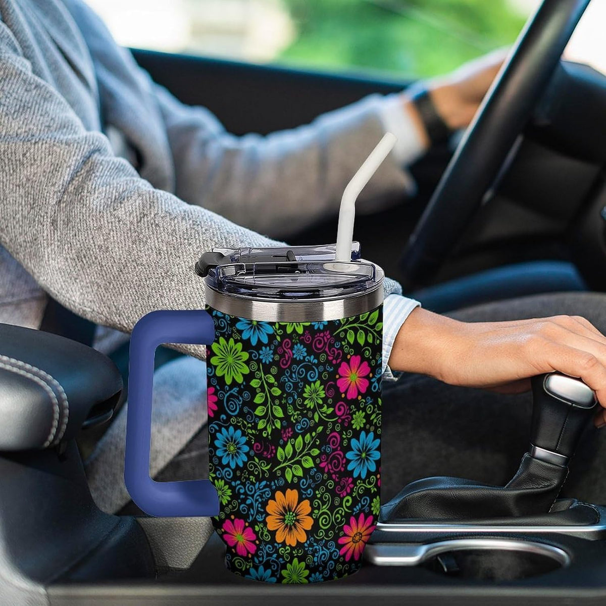 Leakproof Tumbler Vacuum Sealed Car Holder Friendly For Travel Teal And Peach Tropical Palm Leaf Pattern Water Tumbler white-style-23 - Colors A
