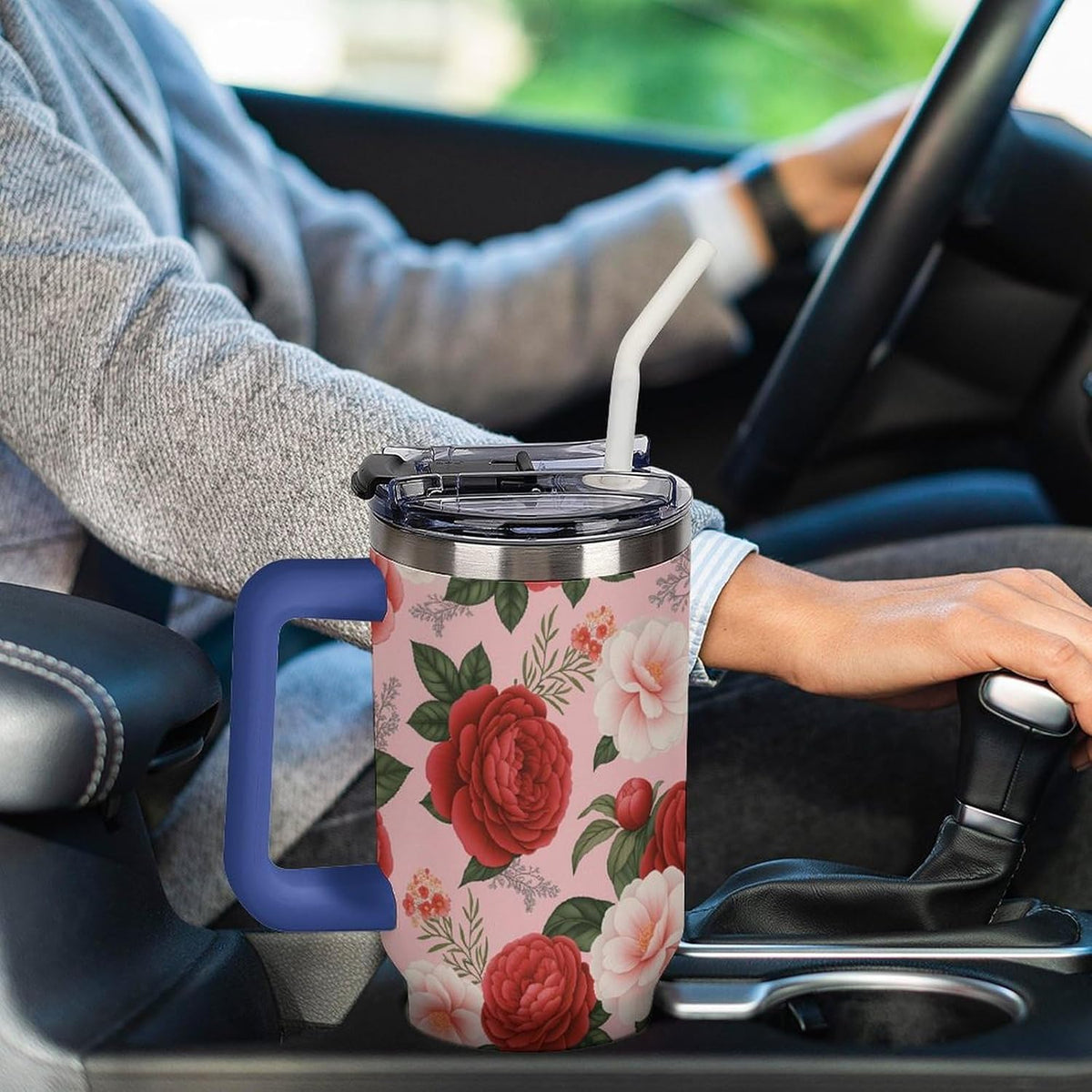 Leakproof Tumbler Vacuum Sealed Car Holder Friendly For Travel Teal And Peach Tropical Palm Leaf Pattern Water Tumbler white-style-23 - Colors A
