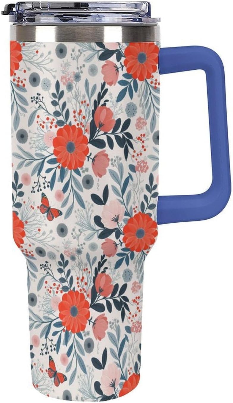 Leakproof Tumbler Vacuum Sealed Car Holder Friendly For Travel Teal And Peach Tropical Palm Leaf Pattern Water Tumbler white-style-23 - Colors A