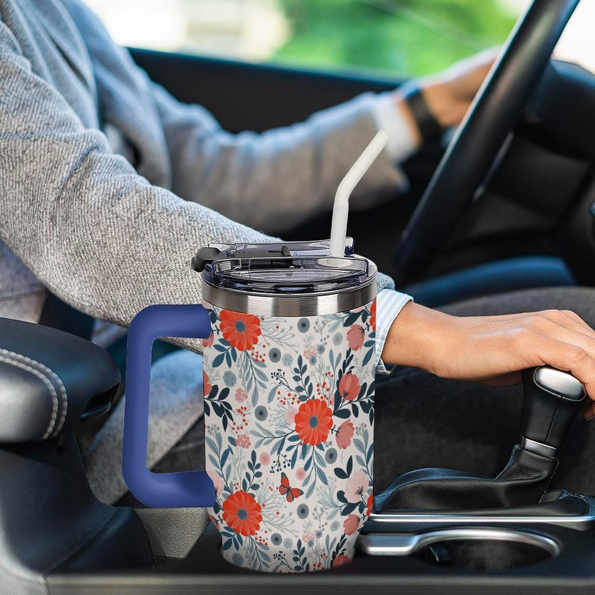 Leakproof Tumbler Vacuum Sealed Car Holder Friendly For Travel Teal And Peach Tropical Palm Leaf Pattern Water Tumbler white-style-23 - Colors A