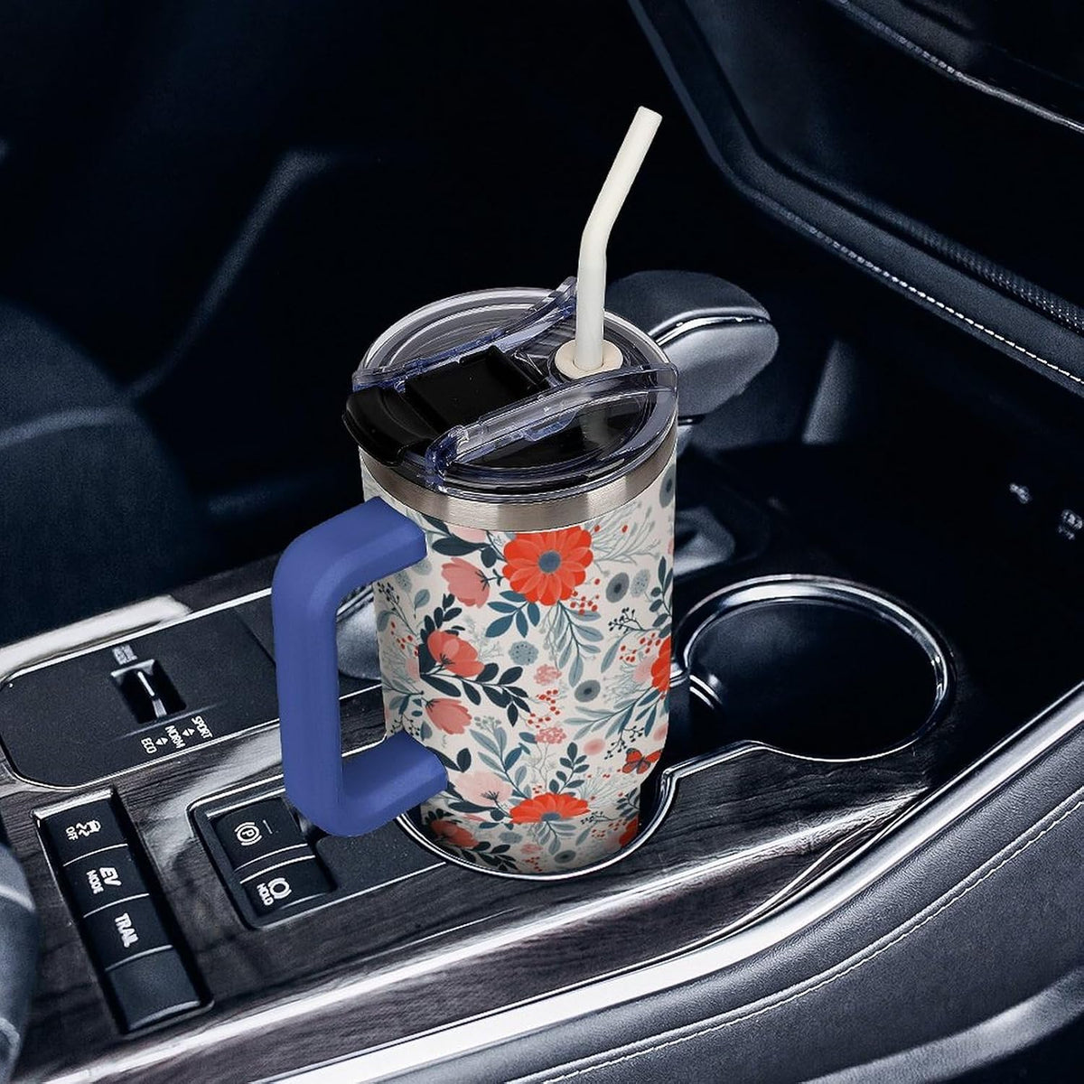 Leakproof Tumbler Vacuum Sealed Car Holder Friendly For Travel Teal And Peach Tropical Palm Leaf Pattern Water Tumbler white-style-23 - Colors A