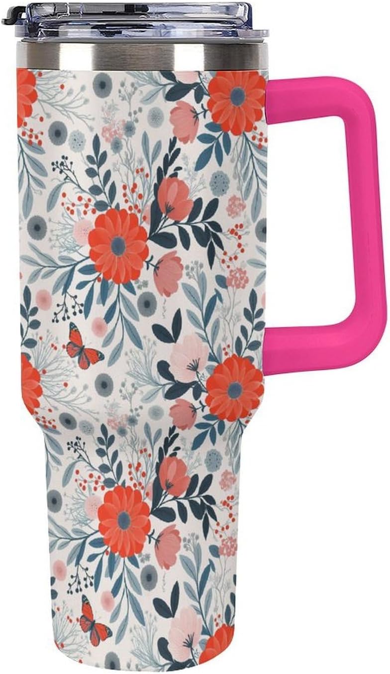 Leakproof Tumbler Vacuum Sealed Car Holder Friendly For Travel Teal And Peach Tropical Palm Leaf Pattern Water Tumbler white-style-23 - Colors A