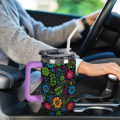 Leakproof Tumbler Vacuum Sealed Car Holder Friendly For Travel Teal And Peach Tropical Palm Leaf Pattern Water Tumbler white-style-23 - Colors A