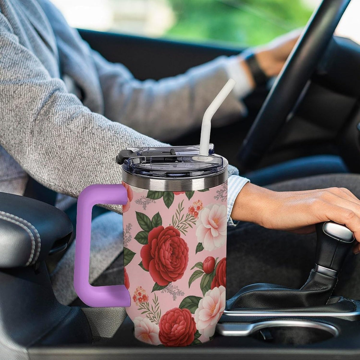 Leakproof Tumbler Vacuum Sealed Car Holder Friendly For Travel Teal And Peach Tropical Palm Leaf Pattern Water Tumbler white-style-23 - Colors A