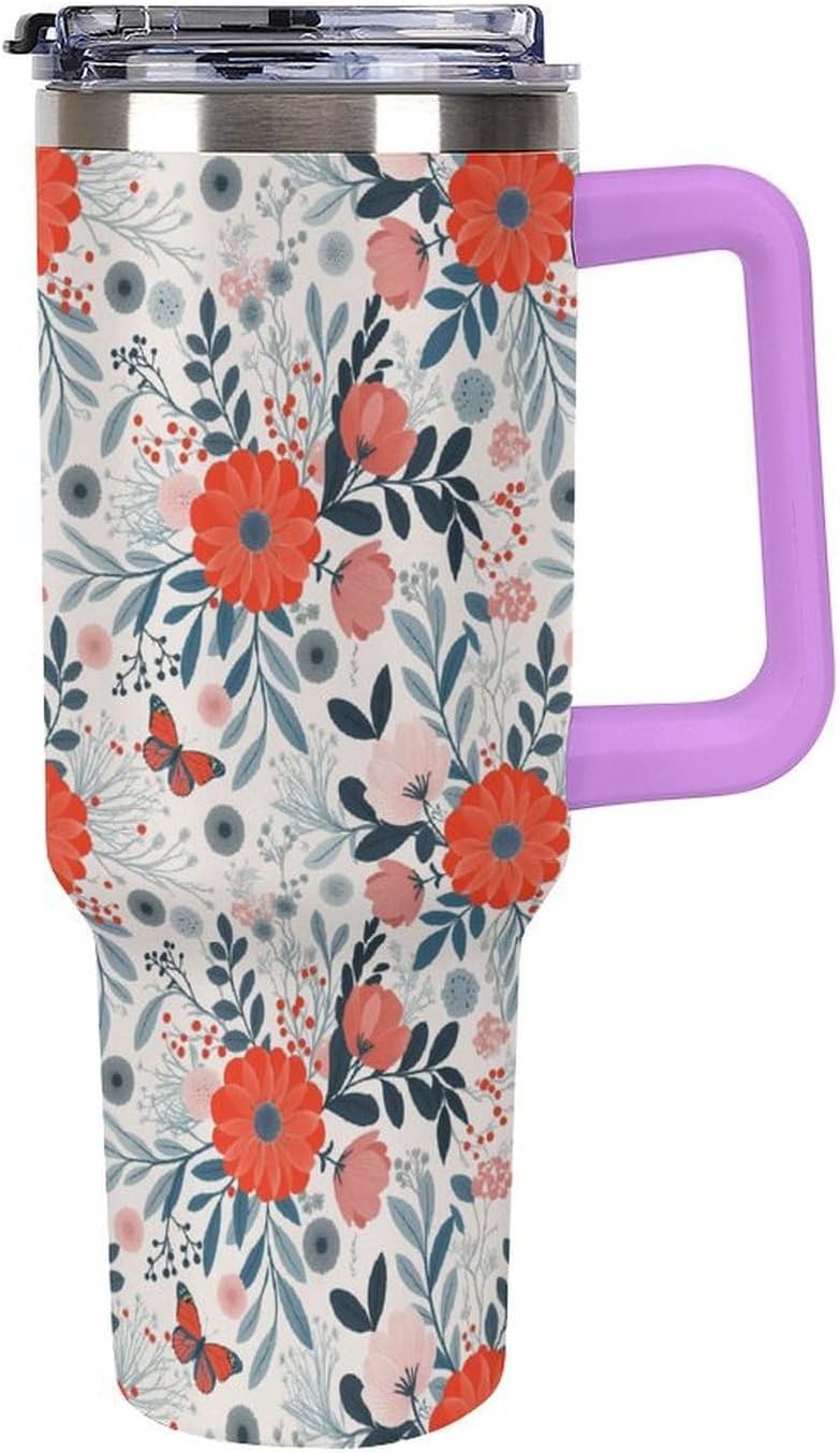 Leakproof Tumbler Vacuum Sealed Car Holder Friendly For Travel Teal And Peach Tropical Palm Leaf Pattern Water Tumbler white-style-23 - Colors A