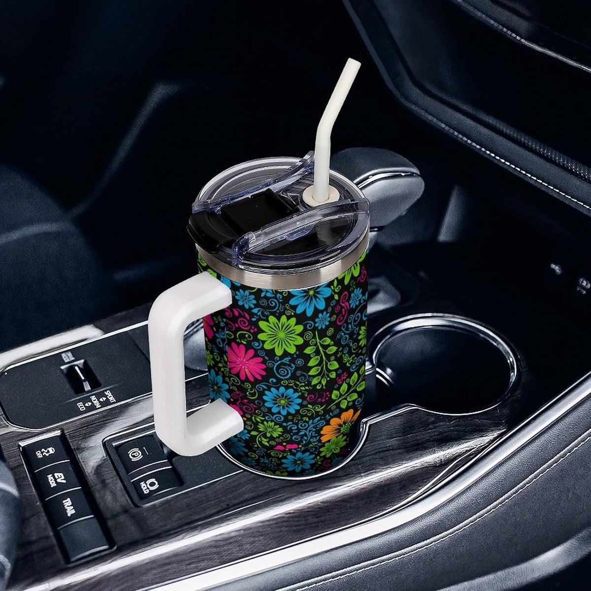 Leakproof Tumbler Vacuum Sealed Car Holder Friendly For Travel Teal And Peach Tropical Palm Leaf Pattern Water Tumbler white-style-23 - Colors A