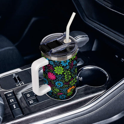 Leakproof Tumbler Vacuum Sealed Car Holder Friendly For Travel Teal And Peach Tropical Palm Leaf Pattern Water Tumbler white-style-23 - Colors A