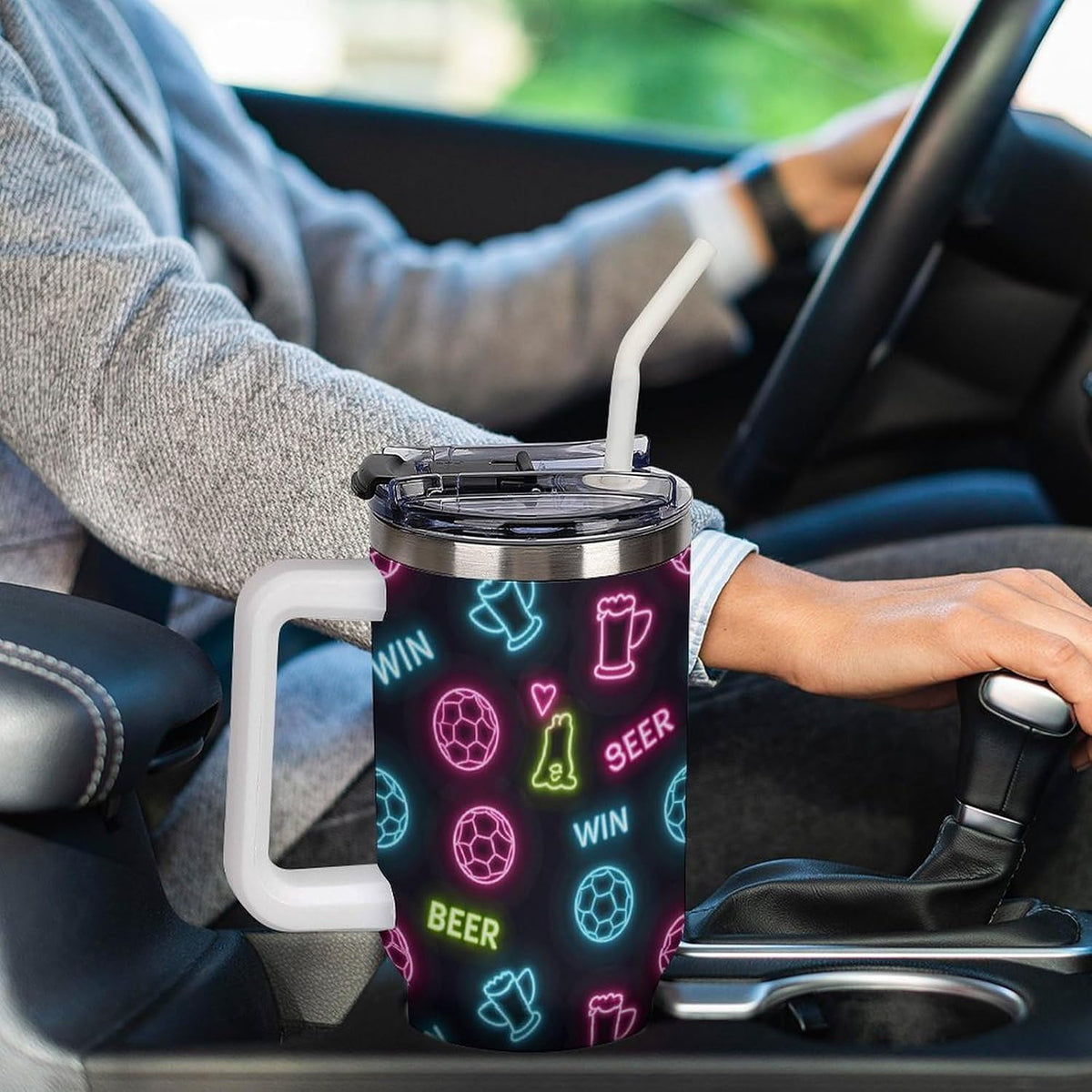 Leakproof Tumbler Vacuum Sealed Car Holder Friendly For Travel Teal And Peach Tropical Palm Leaf Pattern Water Tumbler white-style-23 - Colors A