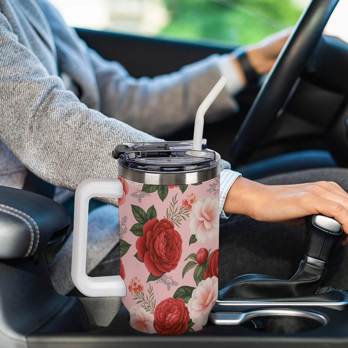 Leakproof Tumbler Vacuum Sealed Car Holder Friendly For Travel Teal And Peach Tropical Palm Leaf Pattern Water Tumbler white-style-23 - Colors A