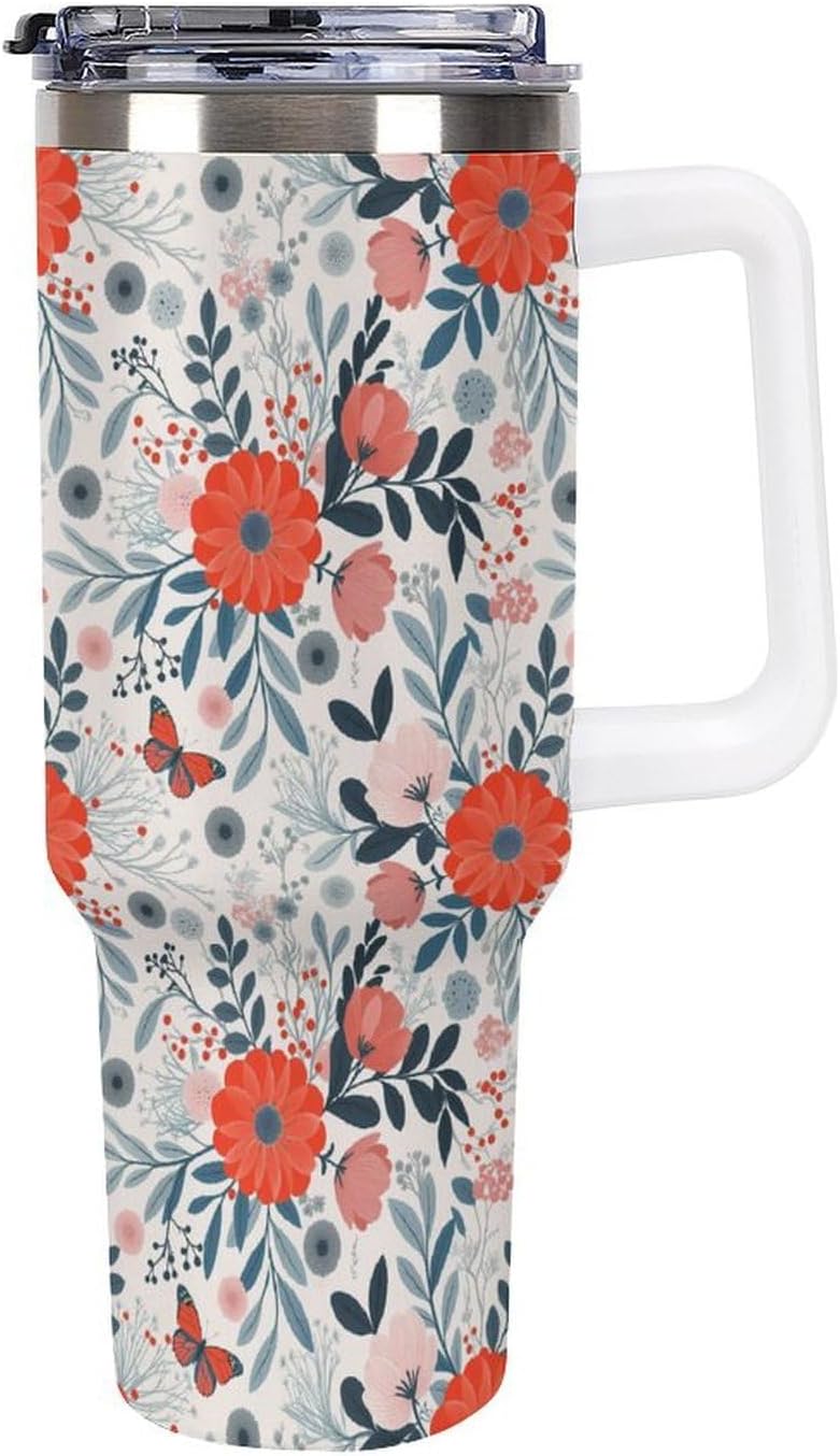 Leakproof Tumbler Vacuum Sealed Car Holder Friendly For Travel Teal And Peach Tropical Palm Leaf Pattern Water Tumbler white-style-23 - Colors A
