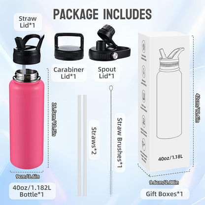 Insulated Water Bottles with Straw 40 oz Leak Proof, Vacuum Insulated Stainless Steel Sport Tumbler with 3 Lids Straw, Spout and Handle Lid for Sports, Gym or Office,Hot Pink
