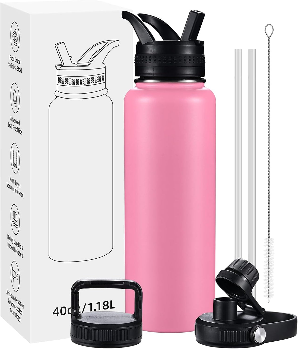 Insulated Water Bottles with Straw 40 oz Leak Proof, Vacuum Insulated Stainless Steel Sport Tumbler with 3 Lids Straw, Spout and Handle Lid for Sports, Gym or Office,Hot Pink