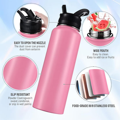 Insulated Water Bottles with Straw 40 oz Leak Proof, Vacuum Insulated Stainless Steel Sport Tumbler with 3 Lids Straw, Spout and Handle Lid for Sports, Gym or Office,Hot Pink