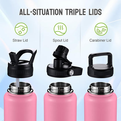 Insulated Water Bottles with Straw 40 oz Leak Proof, Vacuum Insulated Stainless Steel Sport Tumbler with 3 Lids Straw, Spout and Handle Lid for Sports, Gym or Office,Hot Pink