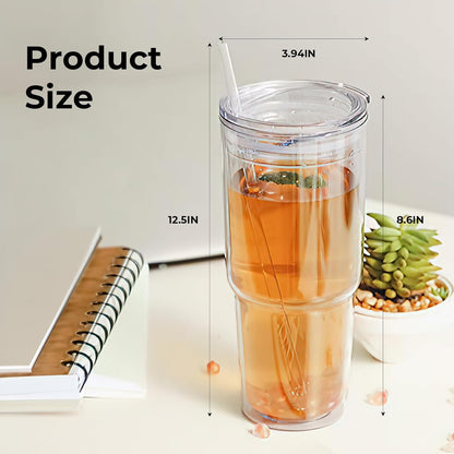 30oz/ Classic Insulated Tumblers,Double Wall Acrylic Tumbler with Lid，Reusable Plastic Insulated Tumblers with Straw，for cold drinks, sand ice, whatever you like(transparent,2 pack)