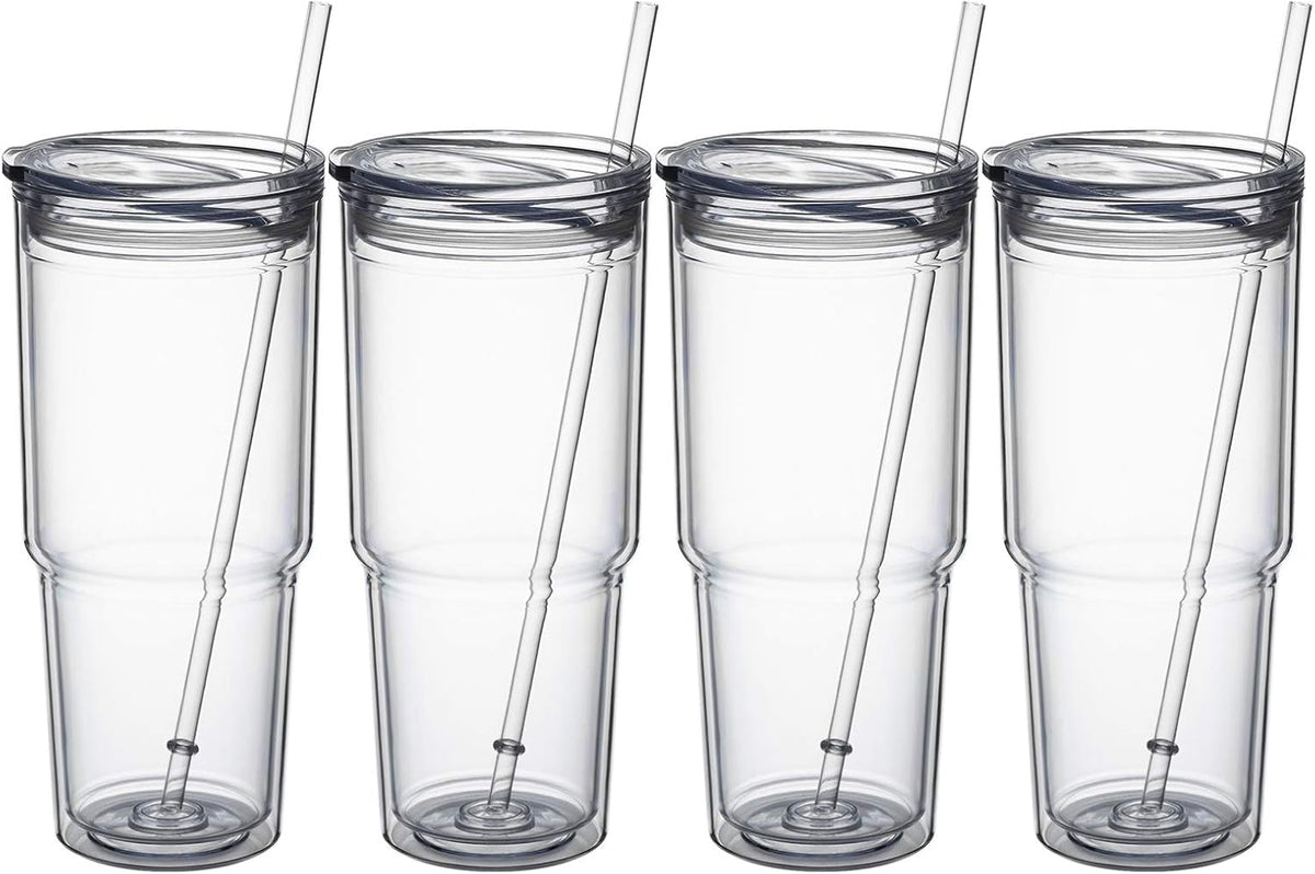 30oz/ Classic Insulated Tumblers,Double Wall Acrylic Tumbler with Lid，Reusable Plastic Insulated Tumblers with Straw，for cold drinks, sand ice, whatever you like(transparent,2 pack)