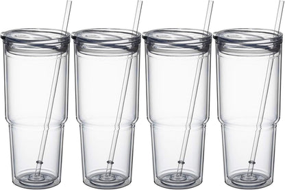 30oz/ Classic Insulated Tumblers,Double Wall Acrylic Tumbler with Lid，Reusable Plastic Insulated Tumblers with Straw，for cold drinks, sand ice, whatever you like(transparent,2 pack)